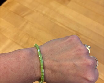 Green glass beaded bracelet, stretchy bracelet, stocking stuffer, hostess gift, stackable jewelry, rainbow colors