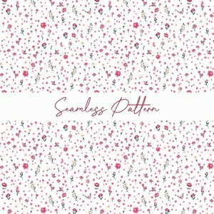 May include: A seamless pattern featuring a delicate floral design. Small pink and white flowers are scattered across a white background. The words "Seamless Pattern" are written in a cursive font.