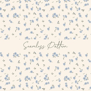 May include: A seamless pattern featuring small blue flowers and tiny green leaves scattered across a cream-colored background. The words "Seamless Pattern" are written in a cursive font across the center of the image.