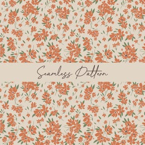 Puede incluir: Un patrón sin costuras con flores naranjas y hojas verdes sobre un fondo beige. El texto "Seamless Pattern" se muestra en cursiva en el centro de la imagen. El diseño floral se repite.