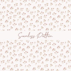 May include: A seamless pattern featuring a delicate floral design. Small clusters of pink and green flowers are scattered across a cream-colored background. The words "Seamless Pattern" are written in a cursive font.