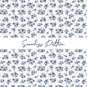 May include: Seamless pattern featuring a repeating floral design of blue roses and small gray leaves on a white background with black polka dots. The words "Seamless Pattern" are written in a cursive font.