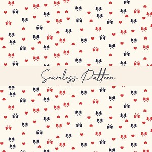 Könnte beinhalten: Nahtloses Muster mit cremefarbenem Hintergrund, roten Herzen und marineblauen und roten Schleifen. Die Worte "Seamless Pattern" sind kursiv in der Mitte des Bildes geschrieben.