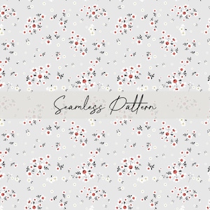 May include: A seamless pattern featuring clusters of small white and red flowers with black stems and leaves, scattered across a light gray background. The words "Seamless Pattern" are written in cursive across the center of the image.