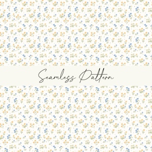 May include: A seamless pattern featuring a delicate floral design. The pattern includes small yellow and blue flowers with green leaves, scattered across a cream-colored background. The words "Seamless Pattern" are written in a cursive font.