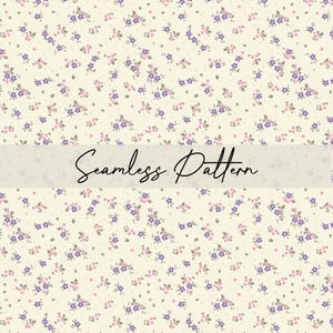 May include: A seamless pattern featuring small purple and pink floral elements scattered across a cream-colored background. The words "Seamless Pattern" are written in a cursive font across the center of the image.