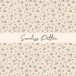 May include: A seamless pattern with a cream backdrop, adorned with a floral design. It showcases small clusters of blue, pink, and yellow flowers, interspersed with tiny white dots. The words "Seamless Pattern" are displayed across the image.