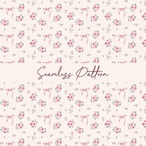 Könnte beinhalten: Nahtloses Muster mit rosa Rosen und Schleifen auf cremefarbenem Hintergrund. Der Text "Seamless Pattern" ist kursiv geschrieben. Das florale Muster wiederholt sich über die gesamte Fläche.