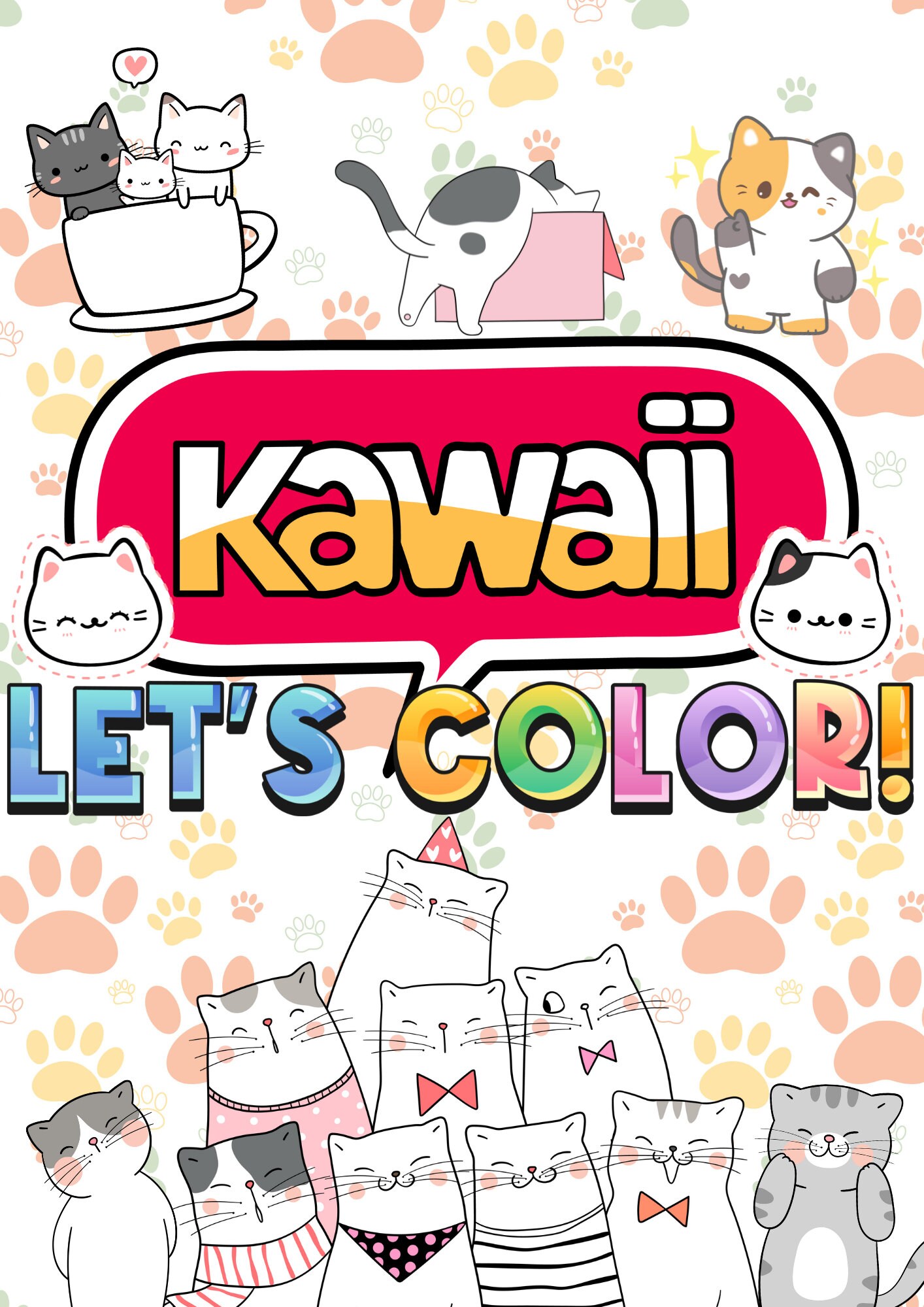 Kawaii Cat Printable 60 Coloring Sheets - Digital Download - 8.5x11