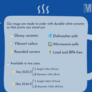 Op de afbeelding: Witte keramische mok met een blauwe handgreep. De mok is vaatwasserbestendig, magnetronbestendig en lood- en BPA-vrij. Hij is verkrijgbaar in twee maten: 11oz (0.33l) en 15oz (0.44l).
