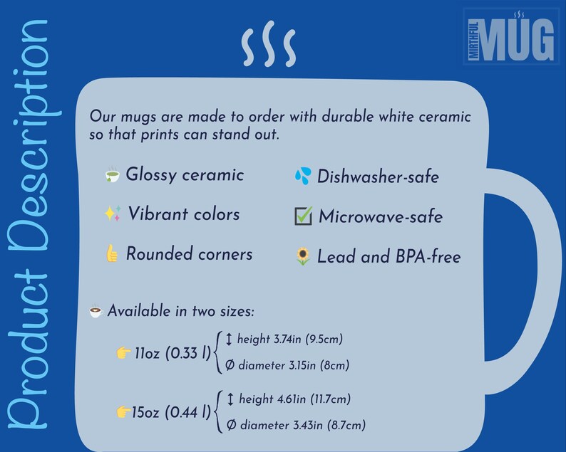 Op de afbeelding: Witte keramische mok met een blauwe handgreep. De mok is vaatwasserbestendig, magnetronbestendig en lood- en BPA-vrij. Hij is verkrijgbaar in twee maten: 11oz (0.33l) en 15oz (0.44l).