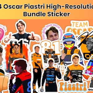 Puede incluir: Un conjunto de 84 pegatinas de alta resolución con Oscar Piastri. Las pegatinas incluyen imágenes de Piastri, su número de carrera 81 y la marca del equipo McLaren. Las pegatinas son de varias formas y tamaños, con un fondo naranja vibrante.