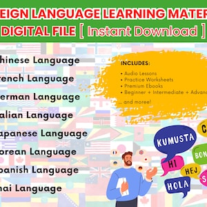 Könnte beinhalten: Ein digitaler Download von Fremdsprachenlernmaterialien, einschließlich Audiolektionen, Übungsblatt und E-Books. Die Materialien sind in Chinesisch, Französisch, Deutsch, Italienisch, Japanisch, Koreanisch, Spanisch und Thai verfügbar. Das Bild zeigt eine Cartoon-Illustration einer Person, die eine Sprechblase mit dem Wort „Hallo“ hält, umgeben von Sprechblasen mit Grüßen in verschiedenen Sprachen.