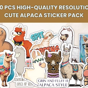 Joli pack d&#39;autocollants en alpaga | Sticker alpaga | autocollant de lama | 50 pcs haute résolution | Prêt à imprimer et modifiable