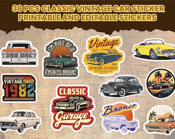 May include: A set of 36 printable and editable vintage car stickers. The stickers feature classic cars, including a Ford Bronco, a 1960s muscle car, and a 1982 vintage car. The stickers are perfect for adding a touch of nostalgia to your car, laptop, or water bottle.
