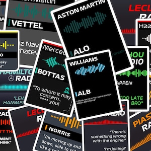 Pegatinas de radio de F1 / 145 momentos de radio de pilotos de F1 / Pegatinas de F1 / Listas para imprimir y editar