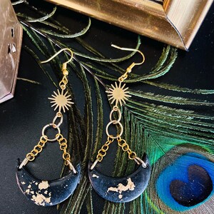 Dark Summer Witch Collection- Black & Gold Flaked Celestial Dangle Earrings