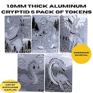 May include: A set of five aluminum Cryptid tokens, each featuring unique illustrations of mythical creatures like a moth, Bigfoot, and a rabbit. The tokens are engraved with detailed artwork and include the text "1.0MM THICK ALUMINUM" and "CRYPTID 5 PACK OF TOKENS".