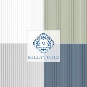 Op de afbeelding: Een composietbeeld met vier secties van verticaal gegroefde panelen in wit, lichtgrijs, saliegroen en blauw. Een blauw en wit logo met de tekst "MILLYTURES" is gecentreerd.