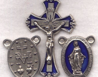 Royal Blue Miraculous Medal enamel Silver Rosary Set05B