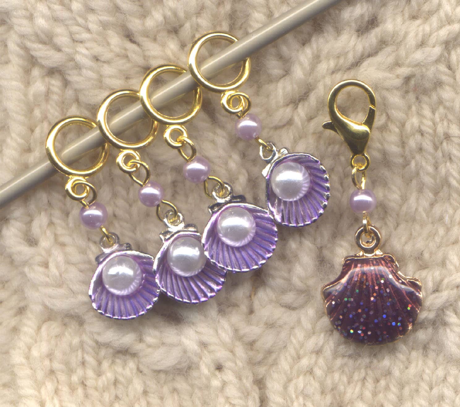 Knitting Stitch Markers Elegant Handmade Silver White Purple Pearl Set Of 2