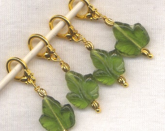 Leaves Knitting Stitch Markers Green Pressed Glass Leaf Set of 4/SM70C
