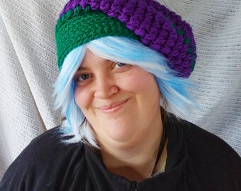 Slouch hat Purple Green Crocheted Puff Beannie Wool Toque cap Knit cloche CT0015