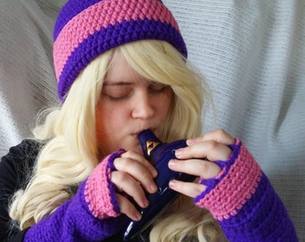 Cloche Hat and Fingerless Gloves Set Skate Boarder Beanie Bubblegum Pink Purple Punk CT0010