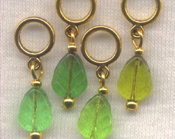 Leaves Knitting Stitch Markers Green Pressed Glass Leaf Lace Set of 4/SM70D