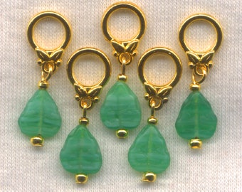 Leaves Knitting Stitch Markers Green Pressed Glass Leaf Lace Set of 5/SM70E