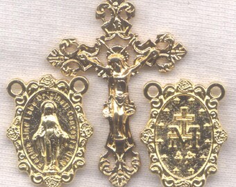 Roses Ornate Miraculous Medal Set Gilt Rosary Set25G