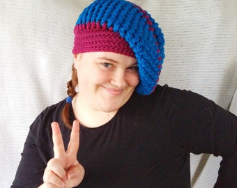 Slouch Hat Blue Red Puff Beannie Wool Toque cap Crocheted Beret CT0020