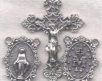 Roses Ornate Miraculous Medal Set Silver Rosary Set25S