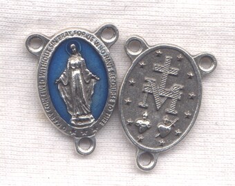 Miraculous Medal Rosary Center aqua blue enamel antiqued silver each Etsy03