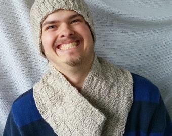 Hat and Cowl Set Unisex Hand Knit Handknit One Size Virgin Wool Oatmeal Color