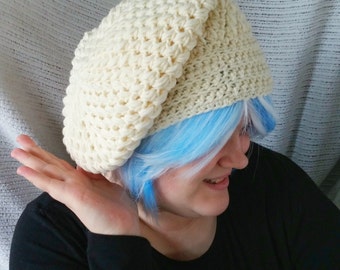 Slouch Hat White Puff Beannie Merino Wool Toque Cap Crocheted CT0018