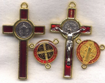 Red Enamel St Benedict Medal Set Gilt  Rosary Set60B