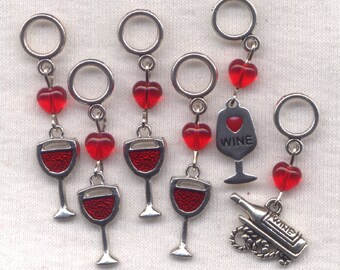 Wine Glasses Knitting Stitch Markers Fruit of The Vine Vino Red Wine Set of 6/SM104A