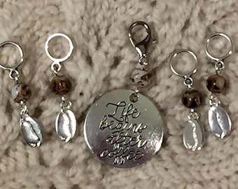 Life Begins After Coffee Knitting Stitch Markers Silver Coffee Beans Set of 5/SM338