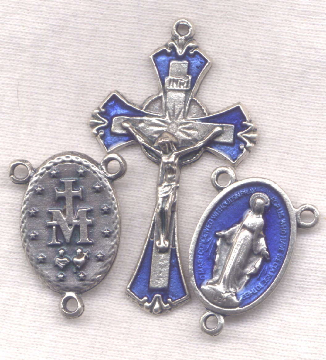 Royal Blue Miraculous Medal enamel Silver Rosary Set03