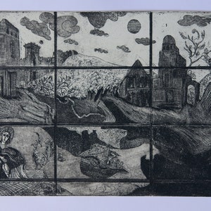 Etching of medieval landscape