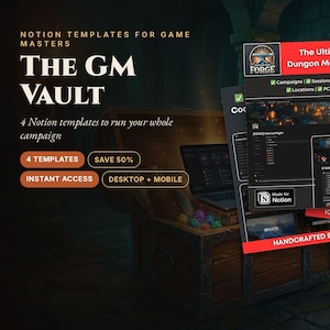May include: A digital product display for The GM Vault, featuring Notion templates for game masters. The graphic includes text overlays, a wooden treasure chest background, and screenshots of a dashboard interface for 5E and 5.5E campaigns.
