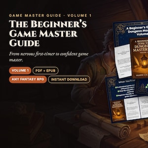 May include: A digital guidebook titled The Beginner's Game Master Guide Volume 1, featuring a brown cover with a lantern illustration. The set includes PDF and EPUB files, with text detailing chapters, content, and compatibility with any fantasy RPG.