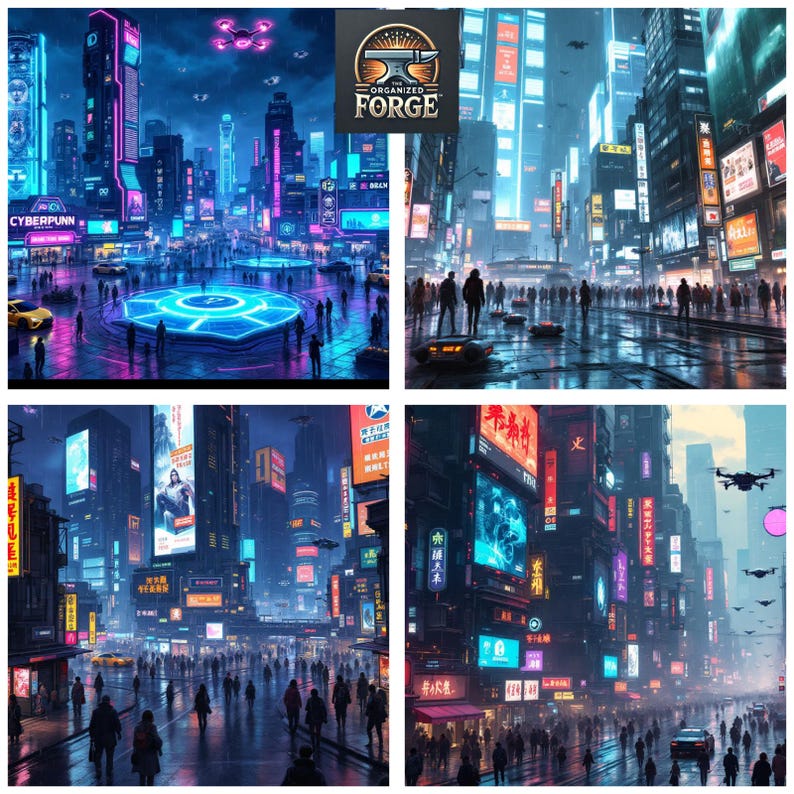 May include: A digital art collage depicts a futuristic cityscape at night. Neon lights illuminate towering buildings, streets, and crowds of people. The word "CYBERPUNN" is visible. The Organized Forge logo is in the top right corner.