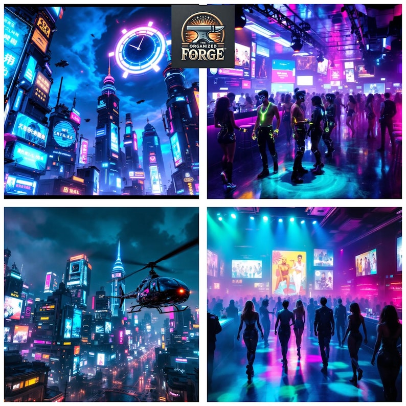 May include: A collage of four images with a futuristic, neon-lit cityscape and a nightclub scene. The cityscape features tall buildings with glowing signs and a clock tower. The nightclub has people dancing under colorful lights.