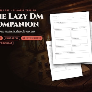 Lazy DM Companion, Printable Session Prep PDF with Fillable Version, 33-Page Planner and Binder for Game Masters, 5e and Any Fantasy RPG