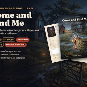May include: A 5E beginner one-shot adventure titled Come and Find Me, featuring a 34-page booklet with a cover illustration of a girl holding a candle by a stone well, character sheets, VTT maps, and game materials for new players and Game Masters.