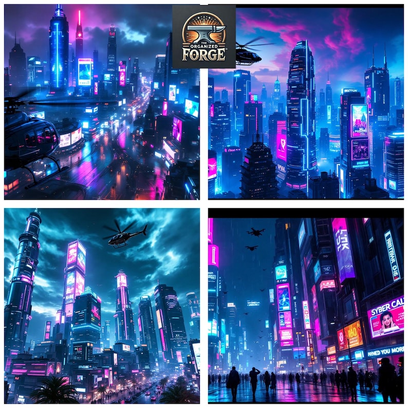 May include: A digital art collage of a futuristic city at night, illuminated by neon lights in shades of blue, pink, and purple. Skyscrapers and flying vehicles are visible. The Organized Forge logo is in the top left corner.