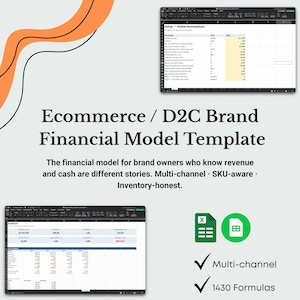 Könnte beinhalten: Ein Bild einer Finanzmodellvorlage für E-Commerce- und D2C-Marken. Das Bild enthält Screenshots von Tabellenkalkulationen, den Text "Ecommerce / D2C Brand Financial Model Template" und Häkchen für "Multi-channel" und "1430 Formulas."