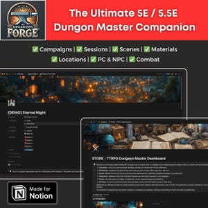 May include: A screenshot of a computer screen showing a Notion workspace for a Dungeons and Dragons campaign. The workspace is called "Eternal Night" and includes sections for campaigns, sessions, scenes, materials, locations, PCs and NPCs, and combat. The workspace is designed to help Dungeon Masters organize their games.
